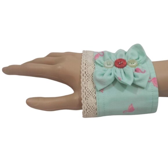 Handcrafted Re-Purposed Mint Green & Pink Flamingo Boho Shirt Cuff Bracelet - Picture 4 of 5